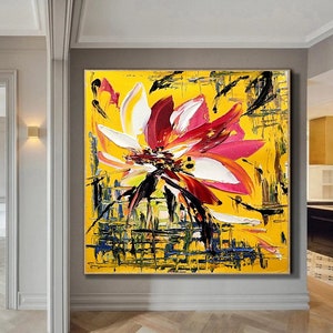 FLORAL ABSTRACT MODERN Wall Art Lotus großes Ölgemälde auf Leinwand Spachtelkunst lebendige Farbmalerei für Wohnzimmer, Hotel Bild 3