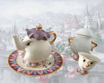 Cartoon Ceramic Tea Set Beauty And The Beast Mrs Potts Chip Cup Sugar Bowl, Handmade Sculpture Tea Set, Wedding gift, Child's gift