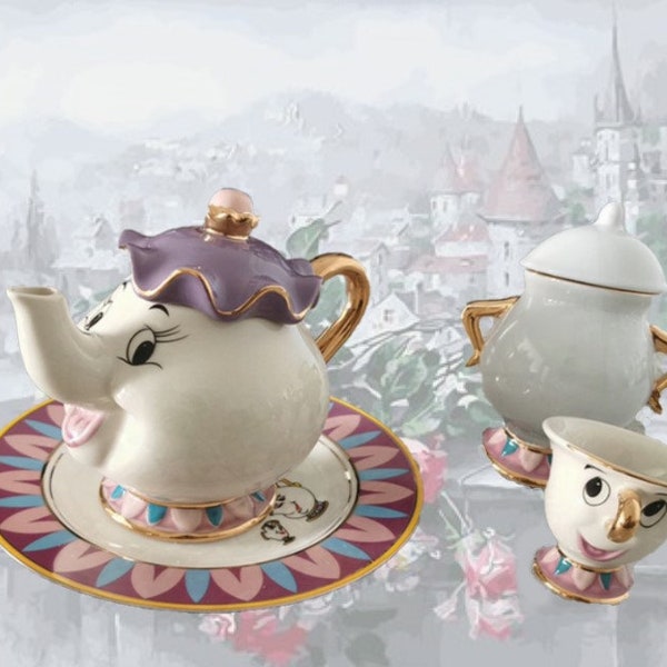 Ensemble de thé en céramique de dessin animé La Belle et la Bête Mme Potts Chip Cup Sugar Bowl, Ensemble de thé de sculpture fait à la main, cadeau de mariage, cadeau d'enfant