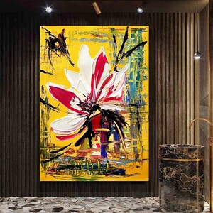 FLORAL ABSTRACT MODERN Wall Art Lotus großes Ölgemälde auf Leinwand Spachtelkunst lebendige Farbmalerei für Wohnzimmer, Hotel Bild 6