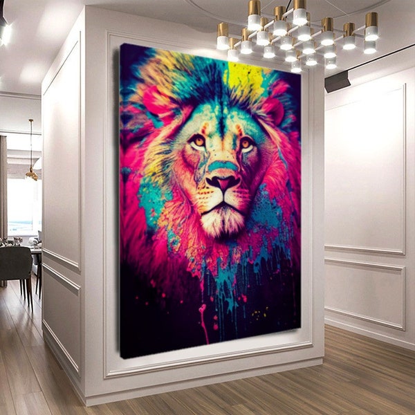 Toile imprimée tendue Imprimé Moderne Graffiti Art Lion coloré Animal Peinture Street Art Image pour la décoration murale de la maison