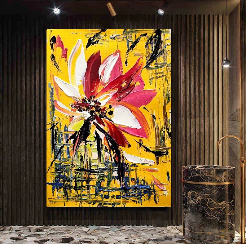 FLORAL ABSTRACT MODERN Wall Art Lotus großes Ölgemälde auf Leinwand Spachtelkunst lebendige Farbmalerei für Wohnzimmer, Hotel Bild 5