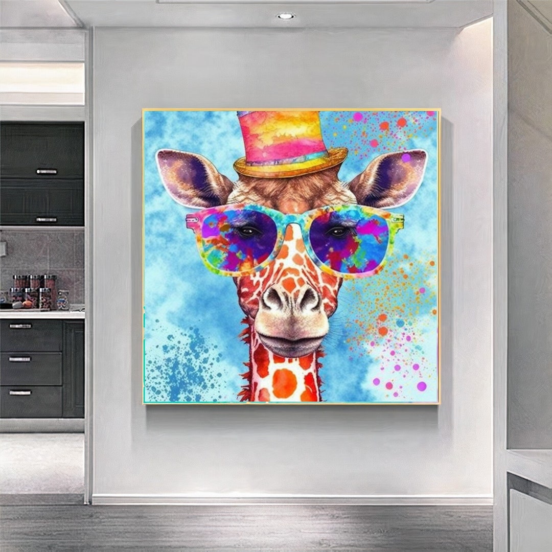 Girafe avec chapeau Grande toile imprimée Œuvre dart unique Etsy France