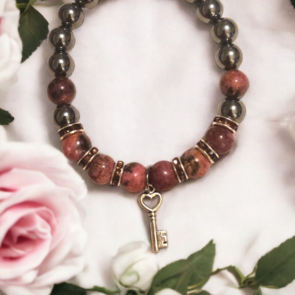 Handmade 8mm Thulite and Terahertz Bracelet with Heart Key Charm