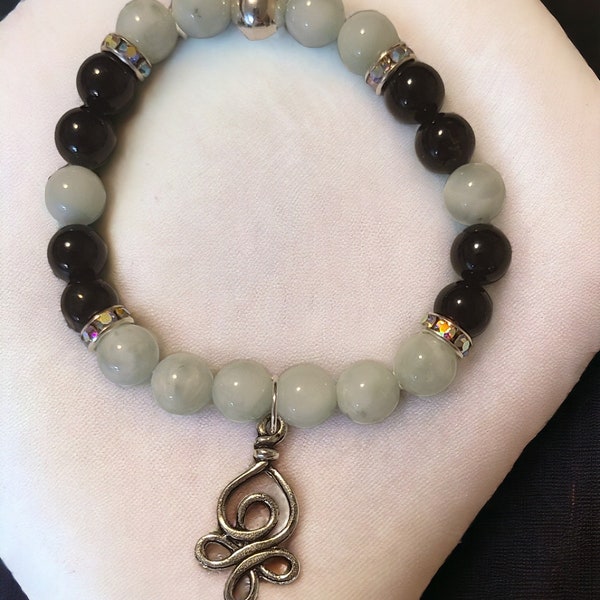 Handmade Triple Strung Green Moonstone and Black Tourmaline with Celtic Love Knot Charm