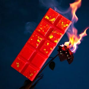 May include: A vibrant red wax melt bar, speckled with yellow glitter, is the focal point against a deep blue backdrop. A dark rose is engulfed in flames, with smoke adding to the artistic composition. The bar is rectangular.