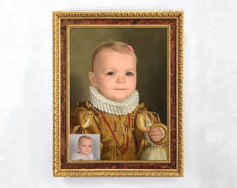 May include: A portrait painting of a young child dressed in a gold and brown costume with a white lace collar. The child is holding a gold ring in their right hand. The painting is framed in a gold frame.