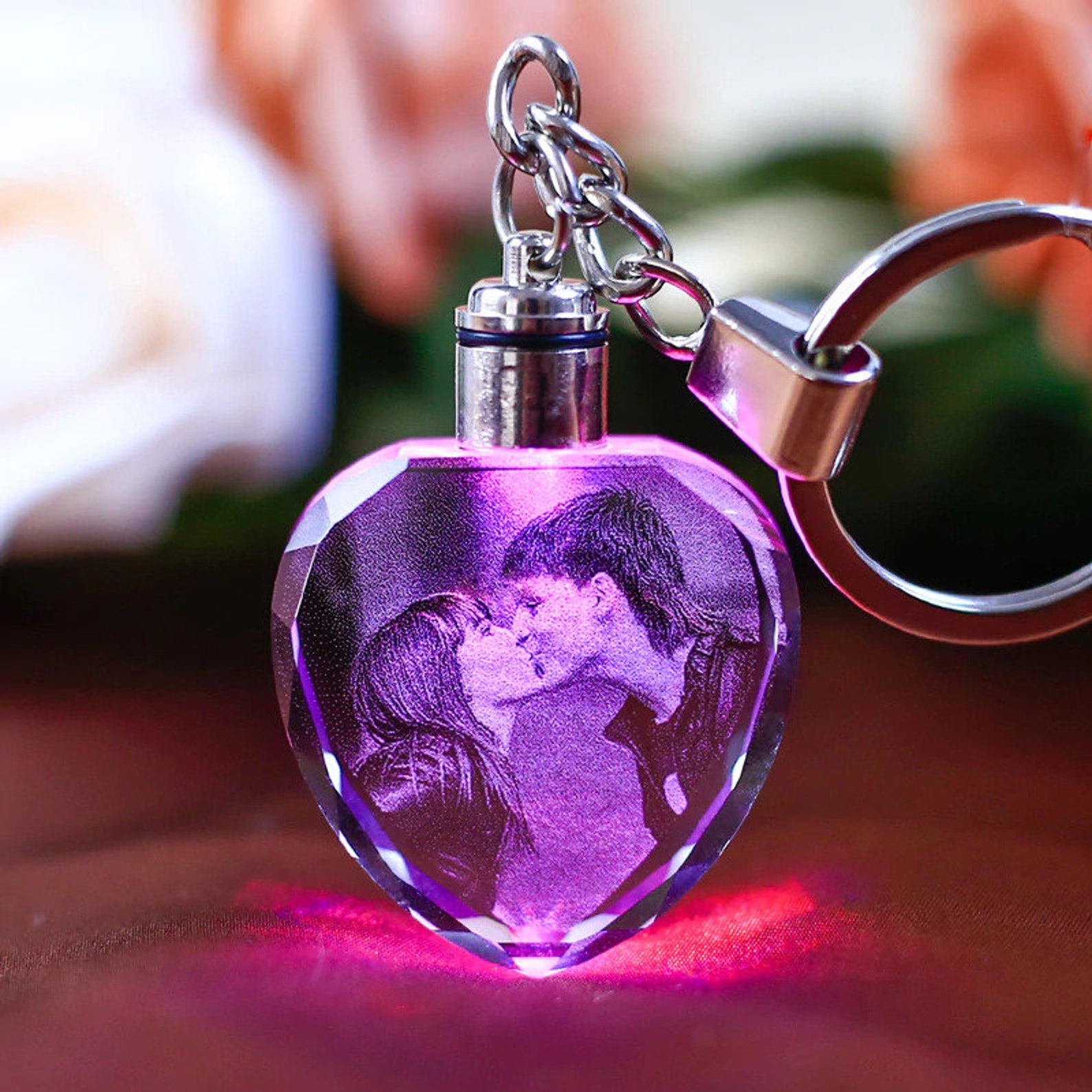 3D Laser Engraved Crystal Photo Keychain Heart Personalized Etsy