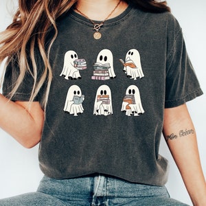 Comfort Colors Halloween Shirt, Retro Ghosts Reading Books, Teacher Librarian Shirt, Spooky Season, Trendy Shirt, Halloween Book Lover Shirt