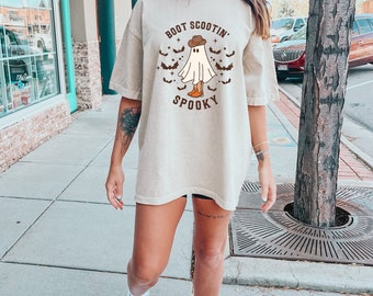 Boot Scootin Spooky Shirt, Comfort Color Halloween Shirt, Cowboy Ghost Shirt, Western Halloween Shirt, Cute Spooky Shirt, Halloween Gift