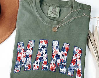 Comfort Color Floral American Mama t-shirt, Mama USA T-Shirt, Retro Mama America tee, 4th of July T-Shirt, Retro USA Comfort Color Shirt,