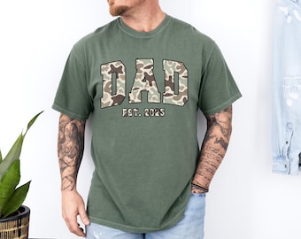 Custom Comfort Colors® Camouflage Dad T-Shirt, Camo Dad Shirt, Father's Day Gift, Varsity Dad Shirt, Retro Dad Shirt, Dad EST shirt