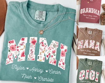 Camisa personalizada Mimi, camisa floral de abuela con nombres de nietos, camisa personalizada Gigi, regalo para Nana, regalo para el Día de la Madre, camisa de colores cómodos