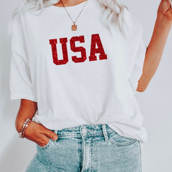 Comfort Color Glitter USA Shirt, 4th of July Womens Shirt, 4th of July Glitter Tee, Patriotic Shirt, America Shirt, Big Letter USA Shirt