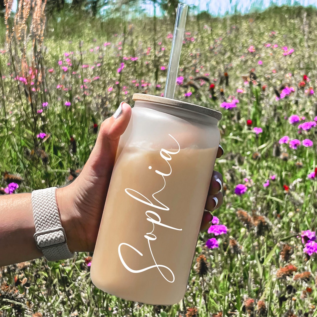 Personalized Iced Coffee Cup, Custom Name Glass Can Cup With Lid and ...