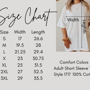 Op de afbeelding: Een wit Comfort Colors volwassen T-shirt met korte mouwen, stijl 1717, gemaakt van 100% katoen. De afbeelding bevat een maattabel met afmetingen in cm voor de maten S t/m 3XL. De tabel toont breedte- en lengtematen.