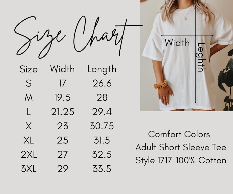 Op de afbeelding: Een wit Comfort Colors volwassen T-shirt met korte mouwen, stijl 1717, gemaakt van 100% katoen. De afbeelding bevat een maattabel met afmetingen in cm voor de maten S t/m 3XL. De tabel toont breedte- en lengtematen.