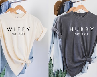 Customized Hubby & Wifey Shirt, Wedding Party Shirt, Honeymoon Shirt, Engagement Gift, Wedding Gift, Wife Husband Shirt, Comfort Color Shirt
