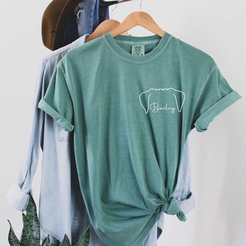 Puede incluir: Una camiseta verde azulada con un contorno blanco de la cabeza de un perro y el nombre "Bailey" escrito debajo.