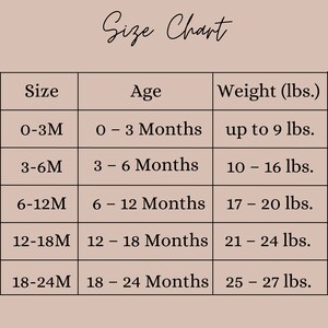 May include: Size chart for baby clothes, showing size in months, age in months, and weight in pounds.  The chart shows sizes from 0-3 months to 18-24 months.