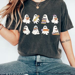 Comfort Colors Halloween Shirt, Retro Ghosts Reading Books, Teacher Librarian Shirt, Spooky Season, Trendy Shirt, Halloween Book Lover Shirt