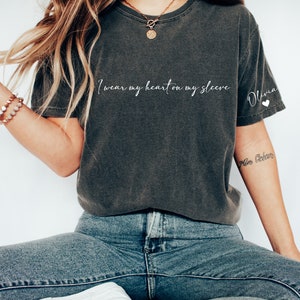 I Wear My Heart On My Sleeve Shirt, Personalized Mama T shirt With Kid Names, Comfort Color Mama T shirt, Mother&#39;s Day Gift, Names On Sleeve