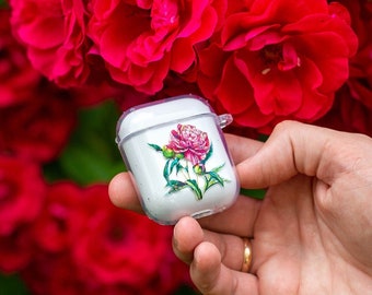 Clear AirPod 2 Case with pink Peony flower, Cute AirPod case, Unique watercolor art AirPods PRO case, Bright botanical AirPod 3 case for her
