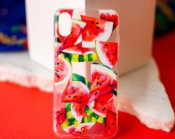 Bright Watermelon iPhone case, Unique clear Iphone 13 case, Aesthetic phone case, iPhone 15 pro max case, Watercolor art iPhone SE case