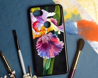 Purple Iris flower phone case for Google Pixel, Watercolor floral Pixel 8 PRO case, Exclusive drawing Pixel 7a case, Black Pixel 5a 5G case