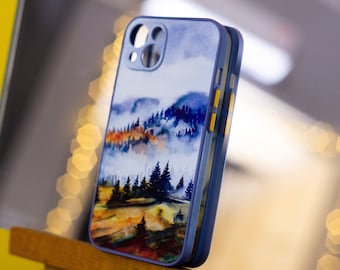 Misty Carpathian Mountains iPhone 13 case, Watercolor art landscape iPhone 14 case, Ukrainian iPhone 15 case, Lilac iPhone 14 Plus case