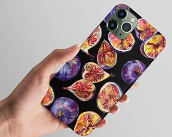 Cute black iPhone case with Figs, Watercolor art iPhone 14 plus case, Botanical Iphone SE 3 case, Unique fruit iPhone 15 Pro Max case