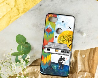 Ukrainian collage phone case for Google Pixel, Watercolor art print Pixel 8 case, Hutsul hut drawing Pixel 7 PRO case, Folk Pixel 7 case