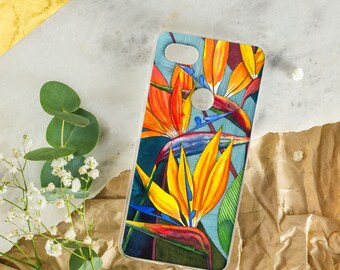 Bright Strelitzia Google Pixel case, Orange tropical flower Pixel 4a 5G case, Watercolor Pixel 8 case, Floral Pixel 7a case, Pixel 5 case