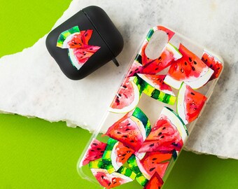 Set di cover per iPhone e AirPod a forma di anguria, custodia trasparente unica con cover in silicone per auricolari, custodia per cellulare con motivo ad acquerello per iPhone 16
