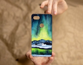 Aurora Borealis phone case for Google Pixel, Exclusive Nothern lights art Pixel 8 PRO case, Pixel XL case, Watercolor drawing Pixel 4a case