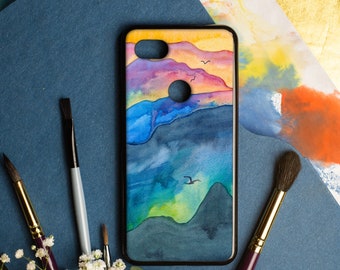 Mountain sunset Google Pixel case, Watercolor art landscape Pixel 8 PRO case, Pixel 7 XL case, Exclusive pastel drawing Pixel 4a case