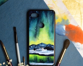 Green Nothern lights phone case for Google Pixel, Exclusive Aurora print Pixel 8 PRO case, Night sky Pixel 7a case, Watercolor Pixel 5a case