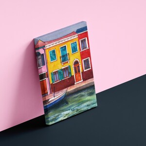 Bunte Häuser Venedig Wandkunst auf Holzrahmen, Bunte Häuser, moderne Kunst, Murano Landschaft, Stadt Landschaft, Murano Landschaft, Kunst auf Rahmen, moderne Kunst