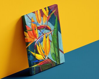 Tropische Blume Strelitzia Leinwand Wandkunst auf Holzrahmen, Botanische Aquarell Kunst Poster, Helle Wanddekoration, exklusiv gedruckte Malerei