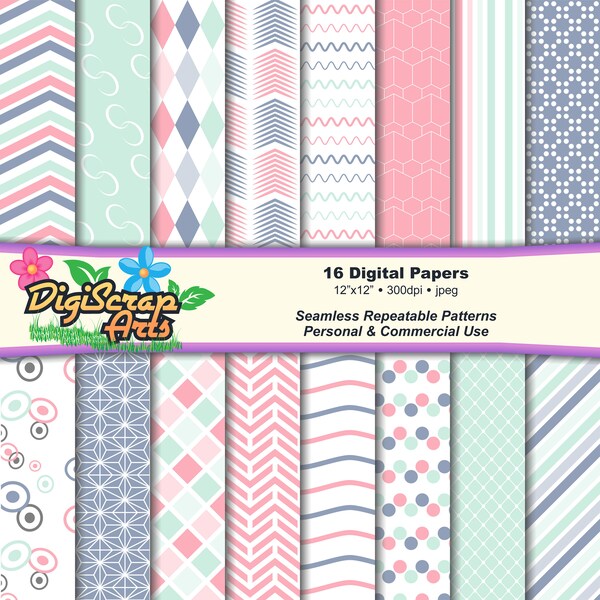 16 Red, Green and Blue Digital Papers - Stripes, Squares, Chevrons, Polka Dots, Geometric Lines and Diamonds – Instant Download