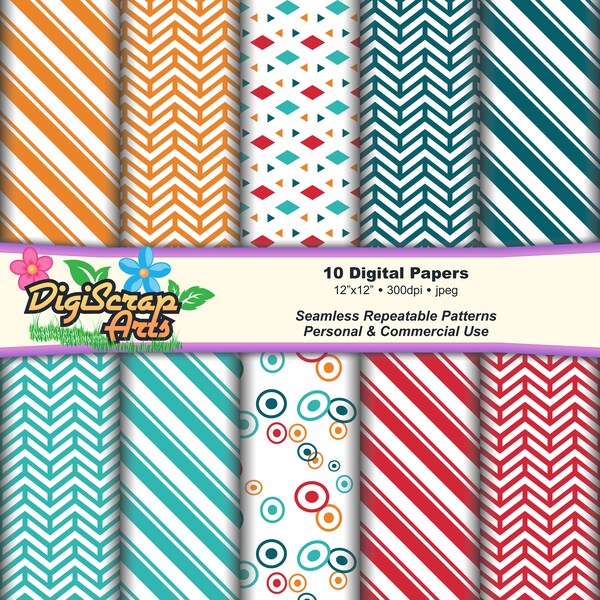 10 Digital Paper Backgrounds – Instant Download – Red, Orange & Blue Digital Scrapbook Paper - Stripes, Chevrons, Circles, and Triangles