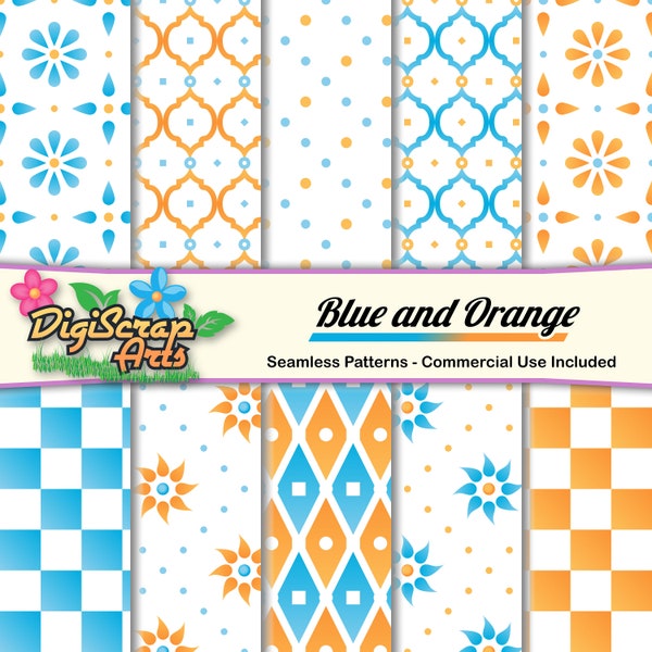 10 Blue and Orange Digital Paper Floral Backgrounds – Instant Download – Floral, Polka Dot & Checkered Patterns – Commercial Use Included