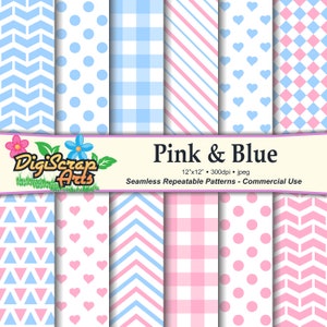 12 Pink and Blue Digital Paper Backgrounds – Instant Download – Digital Scrapbook Papers – Stripes, Chevrons, Polka Dots and Plaid