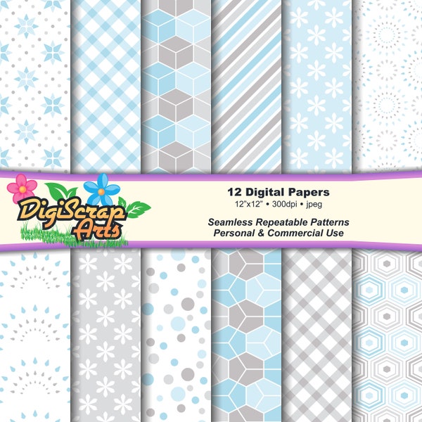12 Baby Blue & Gray Digital Paper Backgrounds – Instant Download – Geometric Digital Scrapbook Papers