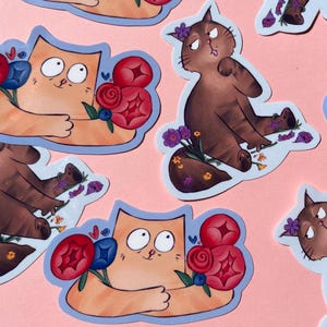 Schattige kat en sprintbloemen vinylstickers, gemberbruin kitty bloemen glanzende sticker om cadeau te geven journalling scrapbooking planner