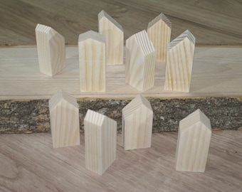 Miniature wooden houses. Set of 10 pieces. The small village for home decor
