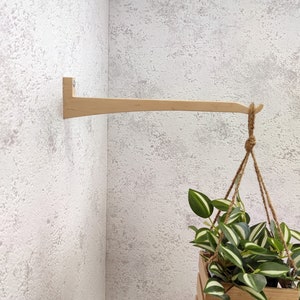 May include: A wooden plant hanger mounted on a textured wall. The light-colored wood bracket extends horizontally, supporting a hanging planter with green and white striped leaves. The rope is tied to the bracket.