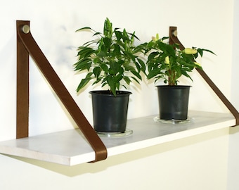 Floating shelf with leather straps. Leather shelf holders. Wall strap. Leather shelf holder. Hanging shelf brackets.