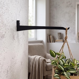 May include: A matte black metal wall-mounted plant bracket with a horizontal arm and an upward-curved hook at the end. The bracket is securely attached to a textured white wall, supporting a hanging plant with green and white striped leaves.