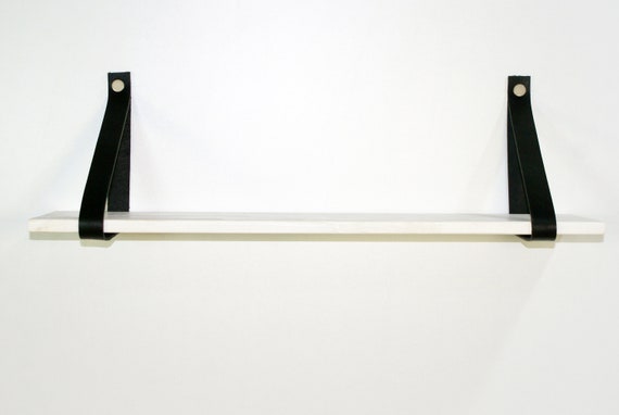 Black leather strap shelf Support brackets Wall hanging straps